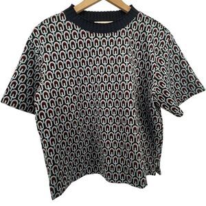 MNG by Mango Women L Printed Cotton‎ Blend Thick Short Sleeve Shirt Black Blue
